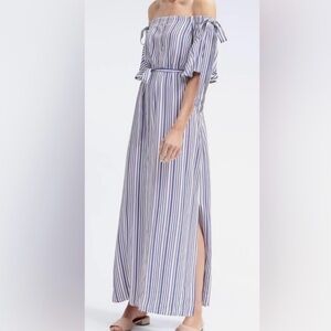Banana Republic Blue & White Striped Off-Shoulder Maxi Dress